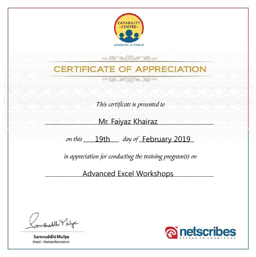 Certificate of Appreciation, Netscribes certificate for Faiyaz M Khairaz
