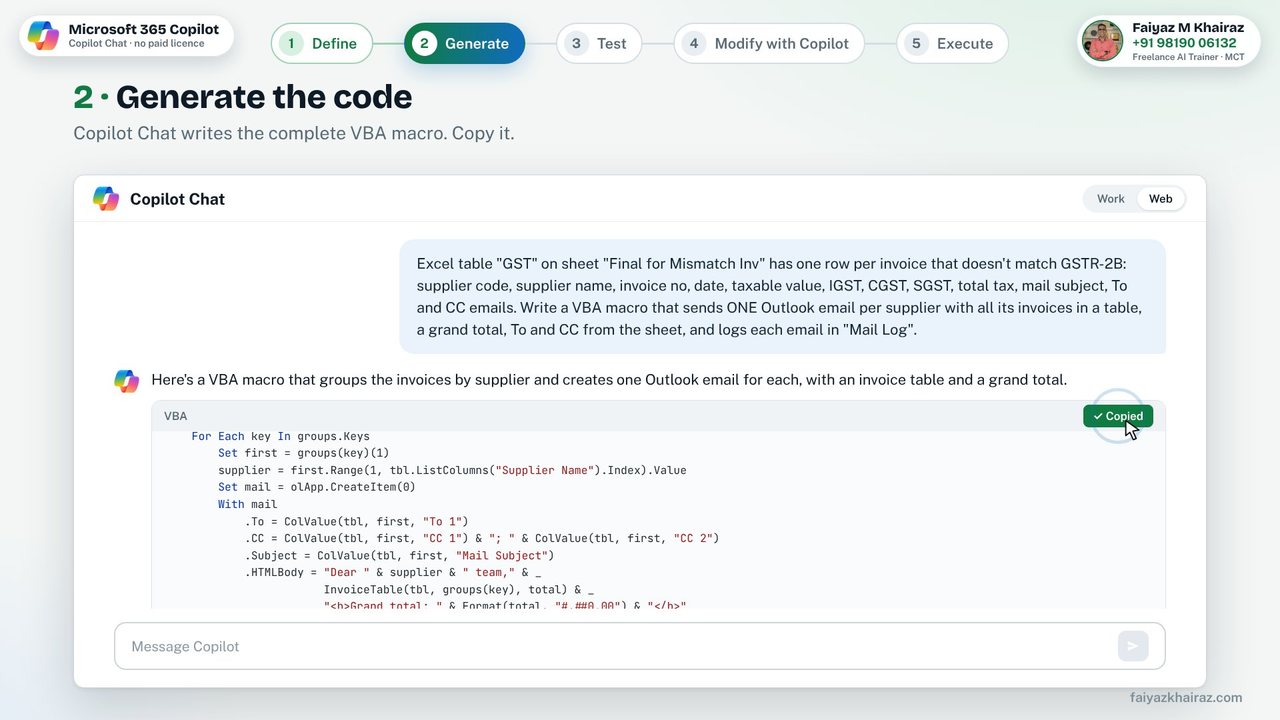Copilot Chat generating the VBA macro