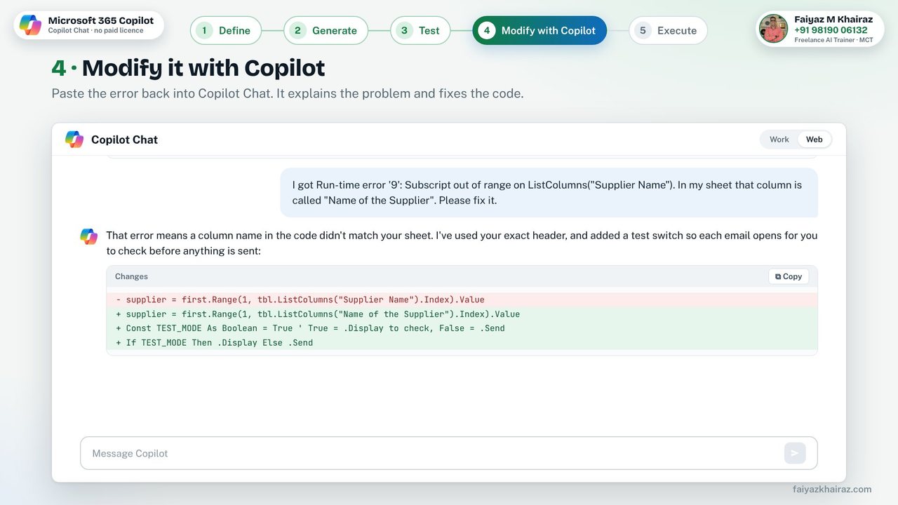 Copilot Chat fixing the column name and adding a test mode